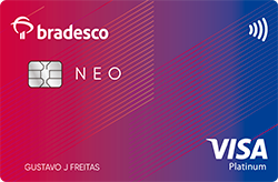 Cartão Bradesco Neo Visa Platinum, nas cores vermelho, azul e magenta